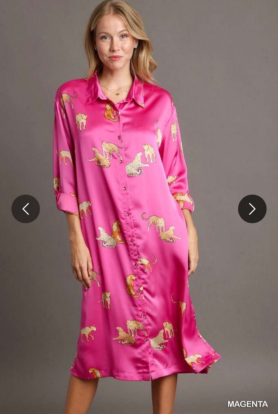 Umgee Satin Cheetah Print Button-Down Midi Shirt Dress in Magenta Pink - Picture 11 of 11